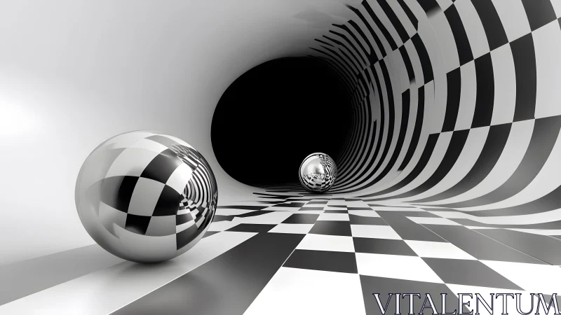 Reflective spheres rest in a checkered cylindrical corridor