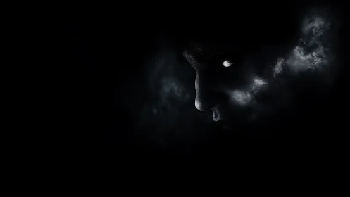 Human profile emerging from dark clouds in partial light.