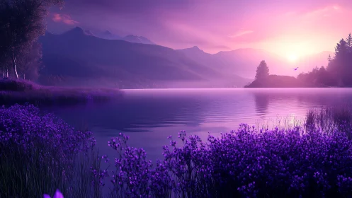 Purple mountain lake at sunrise with glowing sky and flowers.