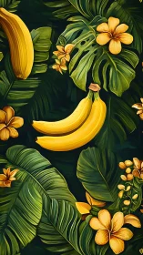 Bananas with tropical florals in stylized botanical pattern.