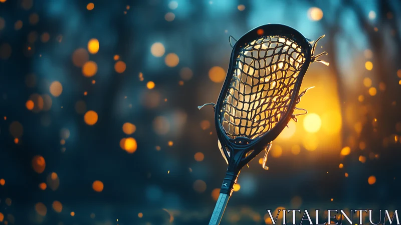 Lacrosse stick haloed by dusk sparks and golden afterglow.