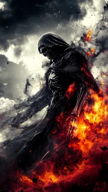 Flaming shadow reaper strolling through a storm of embers.