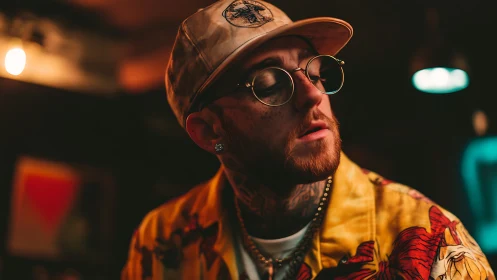 Warm-lit portrait of a tattooed man in a bold shirt.