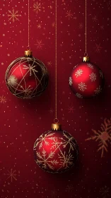 Red spherical ornaments are suspended against patterned backdrop