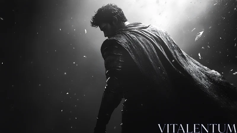 Solitary armored warrior stands beneath harsh backlight