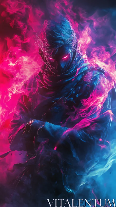 Neon-shrouded rogue stands wreathed in pink and cyan flames.