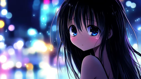 Soft night city lights cradle a shy girl with bright eyes