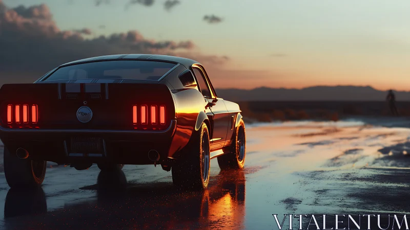 Classic muscle car on wet desert road at sunset period.