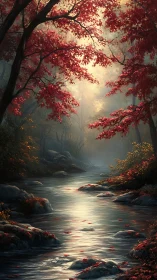 Forest stream flanked by crimson foliage