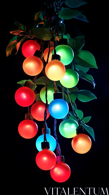 Photorealistic cluster of multicolor globe lights with foliage.