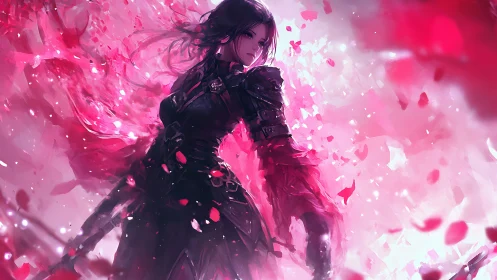 Dark armored warrior strides through swirling crimson petals