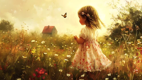 Sunlit little girl follows a butterfly through a wild meadow