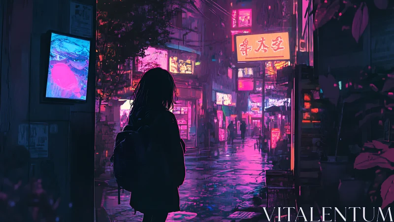 Lone traveler observes neon city street in rainy dusk.