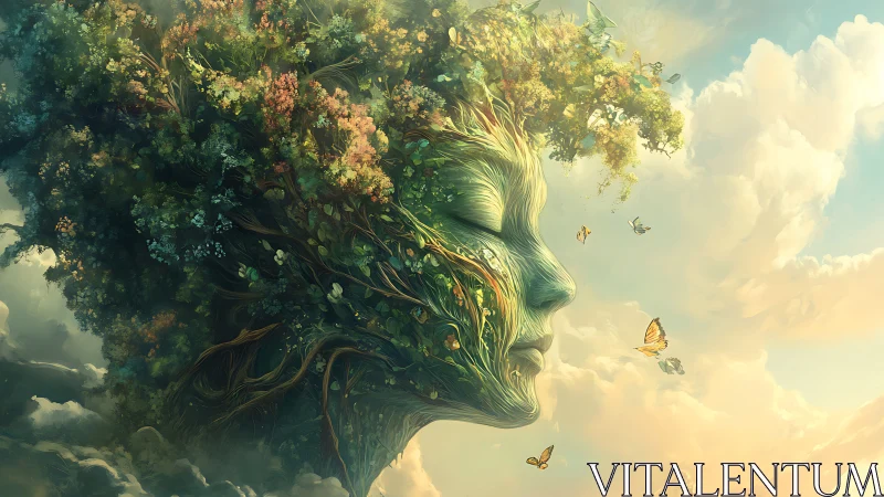 Surreal botanical portrait of Gaia-like arboreal visage in clouds.