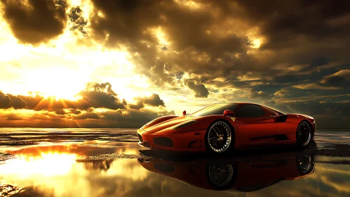 Sleek red supercar gleams against a dramatic sunset sky