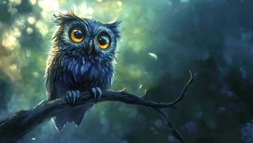 Whimsical owl with large orange eyes in dreamy digital art style.