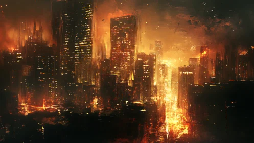 Burning megacity skyline under apocalyptic dusk glow.