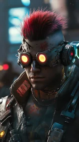 Cyberpunk street mercenary stares through neon gloom.