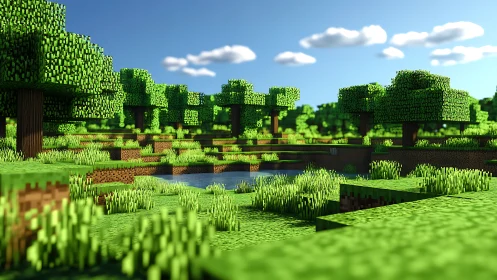 Blocky meadow lagoon under candy-bright pixel skies.