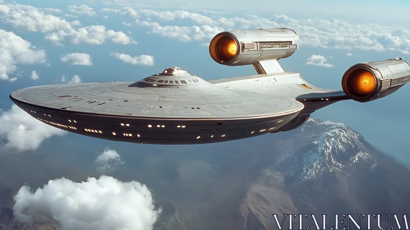 Futuristic starship flying above mountainous cloud layer.