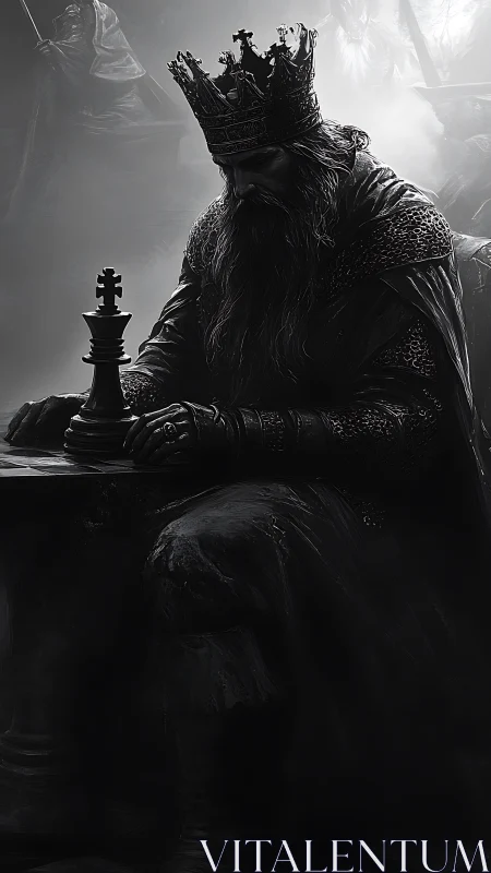 Crowned monarch in chiaroscuro armor analyzing solitary chess king.