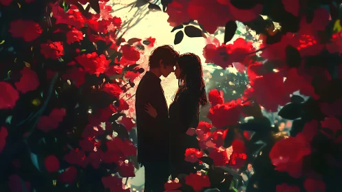 Silhouetted couple kissing among red flowers with backlight glow.