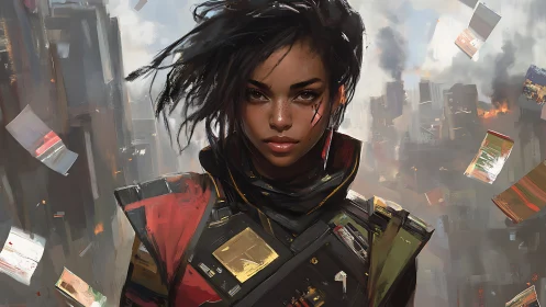 Storm-eyed courier strides through a burning data skyline