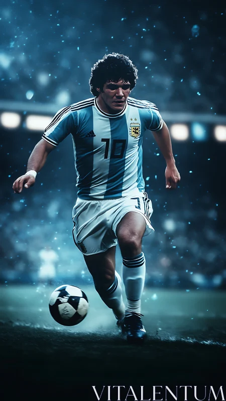 Iconic footballer sprinting under dramatic stadium lights.