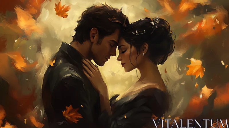 Two figures positioned in close proximity amid autumn foliage rendering