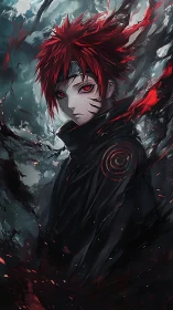 Red-eyed anime figure in dark swirling environment.