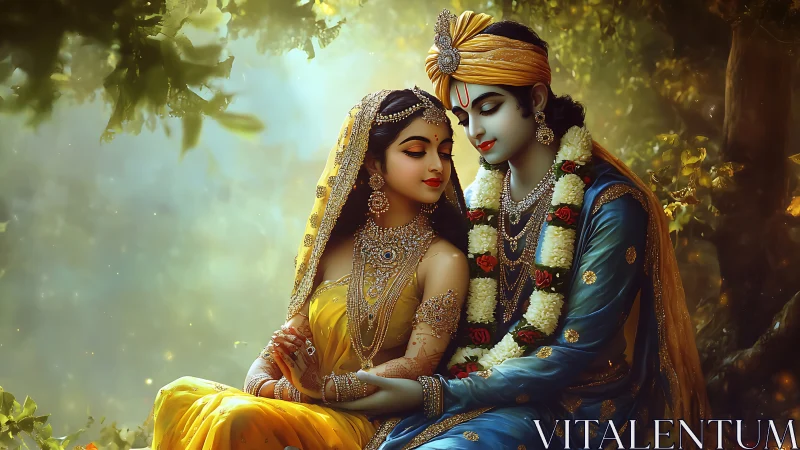 Divine couple share a tranquil embrace in a golden forest glow