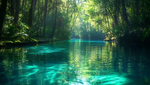 Sunlit tropical river with volumetric light and subsurface caustics