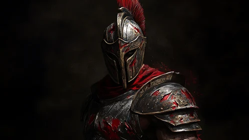Digital painting of battle-scarred crimson knight armor profile.