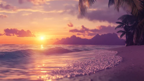 Spectral tropical shoreline under refracted sunset optics.