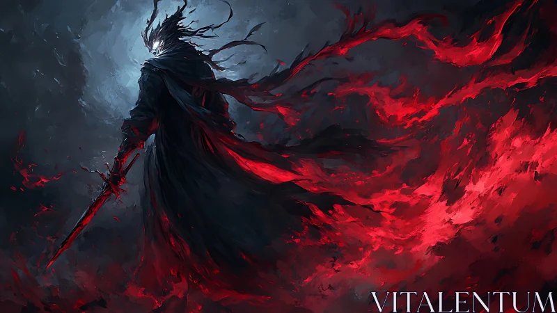 Shadow warrior wields burning red sword in storming void