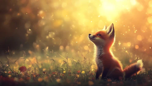 Young fox in golden-hour meadow rendered as soft digital tableau