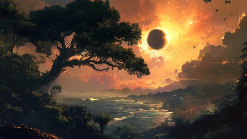 Solar eclipse over luminous fantasy coast at sunset.