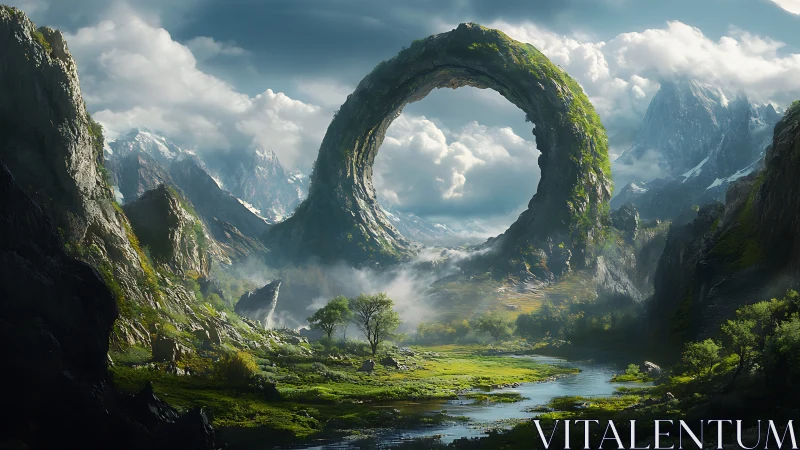 Geological torus megastructure over alpine fluvial basin.