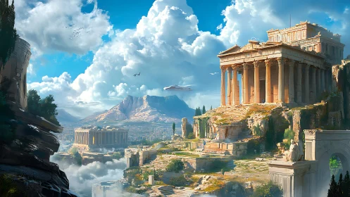 Neo-classical sky temple digital painting with epic vistas.