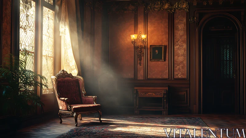 Sunlit baroque armchair in ornate paneled salon interior.