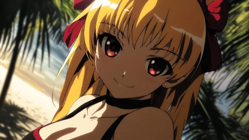 Sunlit anime girl with red ribbons on tropical beach.