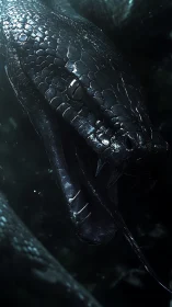 Midnight serpent lunges from the abyss with metallic fury.