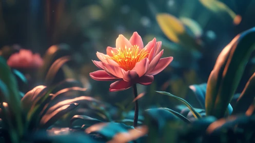 Pink Lotus Flower with Golden Center in Soft Focus.