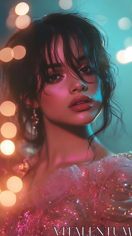 Glowing portrait of a young woman in dreamy neon light