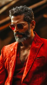 Middle-aged man in red suit jacket and sunglasses outdoors.