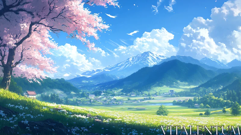 Cherry tree overlooks rural valley beneath distant snowy mountains