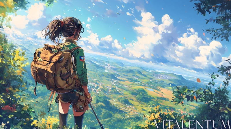 Hiker with backpack overlooks bright valley landscape.