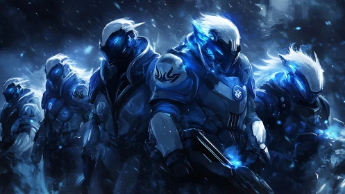 Armored futuristic squad advancing through icy storm.