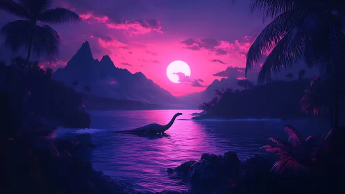 Neon twilight lagoon frames silhouetted dinosaur against sun