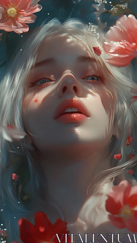 Ethereal girl submerged in petals and refracted sunlight.